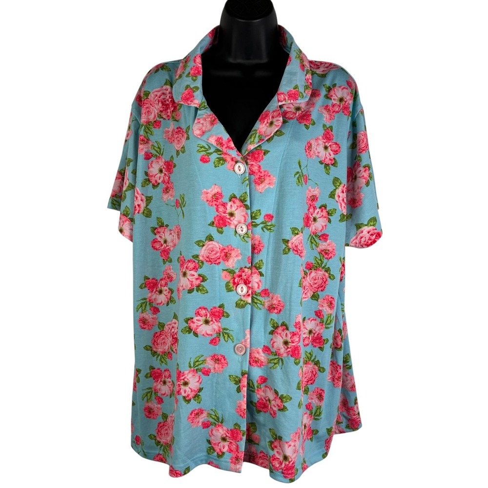 Bedhead PJs Organic Cotton Womens 2XL Pajama Top Floral Roses Print PJ Blue Pink